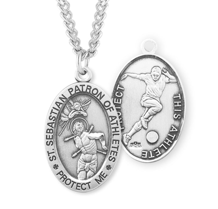 Saint Sebastian Oval Sterling Silver Soccer Male Athlete Medal - S604324