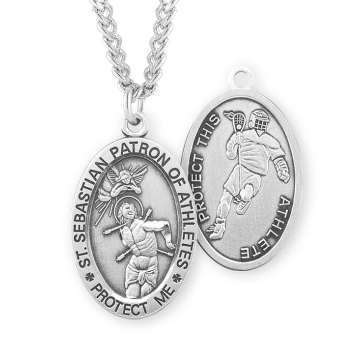 Saint Sebastian Oval Sterling Silver Lacrosse Male Athlete Medal - S605024