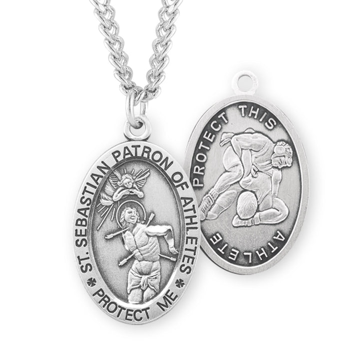 Saint Sebastian Oval Sterling Silver Wrestling Male Athlete Medal - S605124