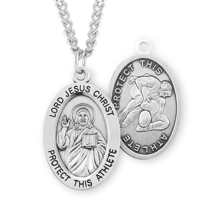 Lord Jesus Christ Oval Sterling Silver Wrestling Male Athlete Medal - S608124