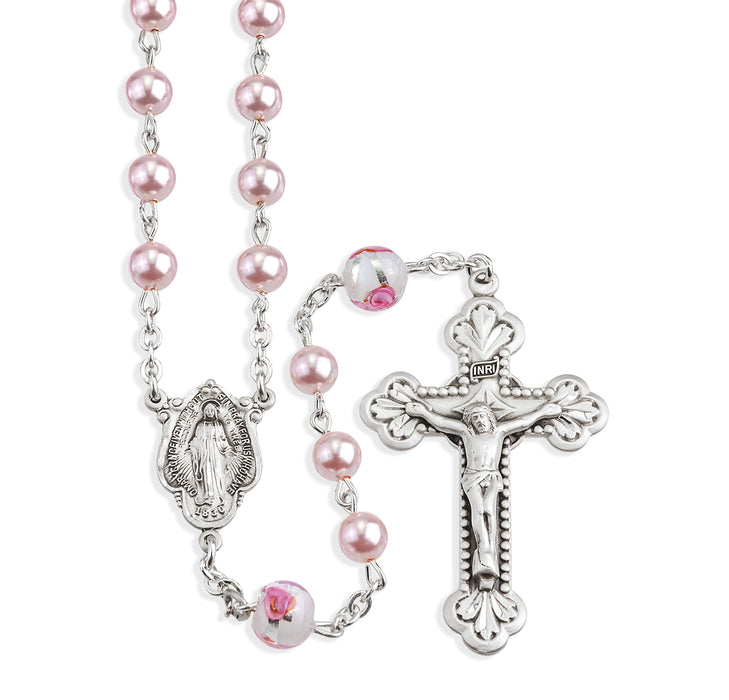 Sterling Silver Rosary Hand Made with finest Austrian Crystal 6mm Pink Pearl Beads by HMH - S690