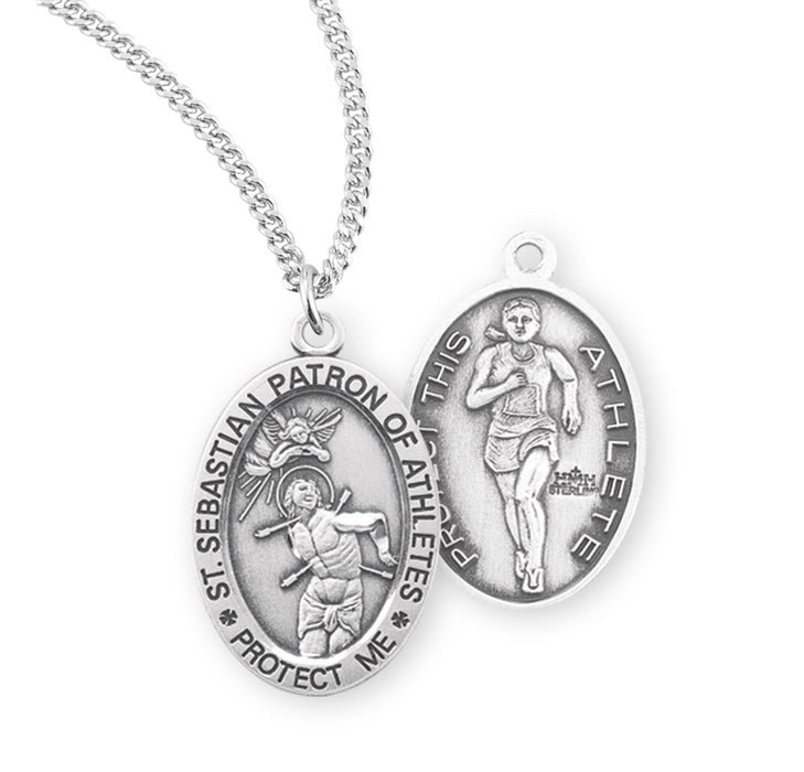 Saint Sebastian Oval Sterling Silver Female Track Athlete Medal - S804818