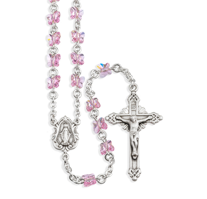 Sterling Silver Rosary Hand Made with 6mm finest Austrian Crystal 6mm Light Rose Butterfly Beads by HMH - S8301LR