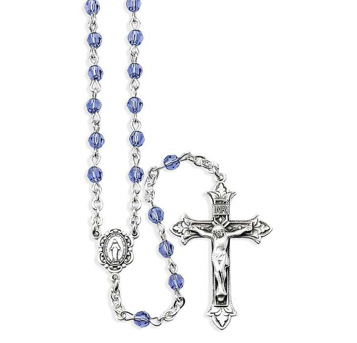 Sterling Silver Rosary Hand Made with finest Austrian Tanzanite Crystal Faceted Beads by HMH - S854TZ