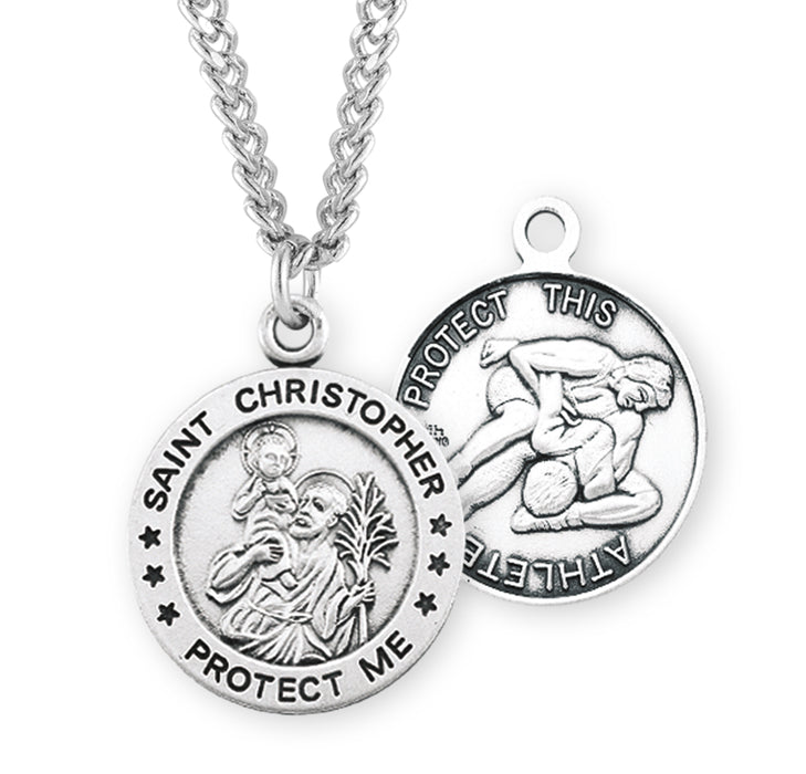 Saint Christopher Round Sterling Silver Wrestling Male Athlete Medal - S902124