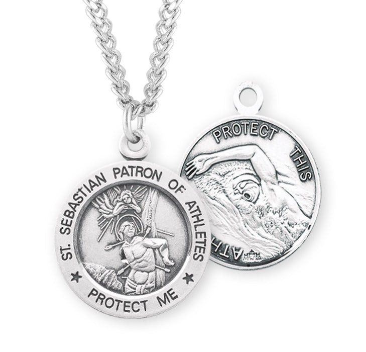 Saint Sebastian Round Sterling Silver Swimming Male Athlete Medal - S904924