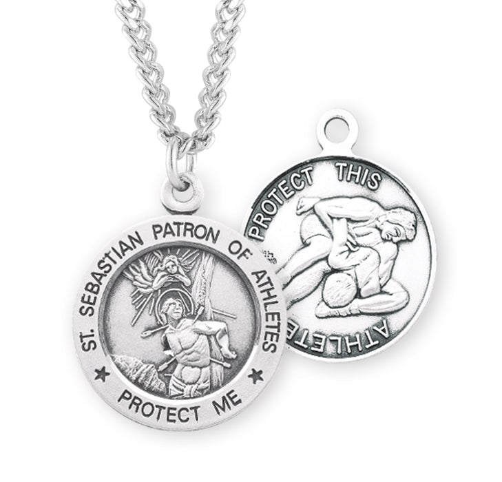 Saint Sebastian Round Sterling Silver Wrestling Male Athlete Medal - S905124