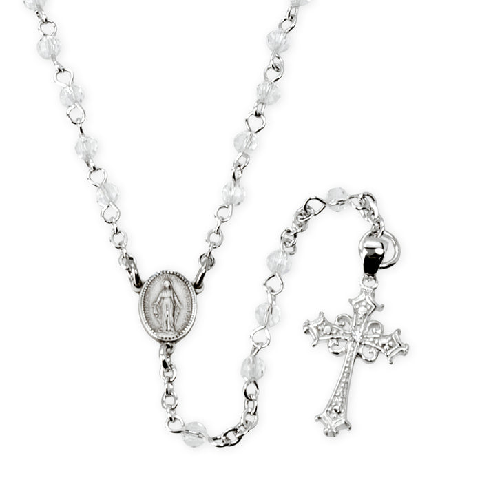 Clear Crystal Bead Sterling Silver Rosary Necklace - SNR3210