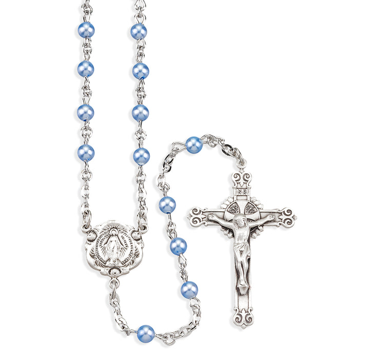 Rosary Sterling Crucifix and Centerpiece Created with finest Austrian Crystal 4mm Pearl Beads in Blue by HMH - SR1350BL