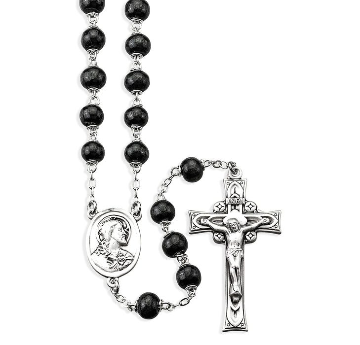 Black Round Boxwood Rosary Sterling Crucifix and Centerpiece - SR1960BK