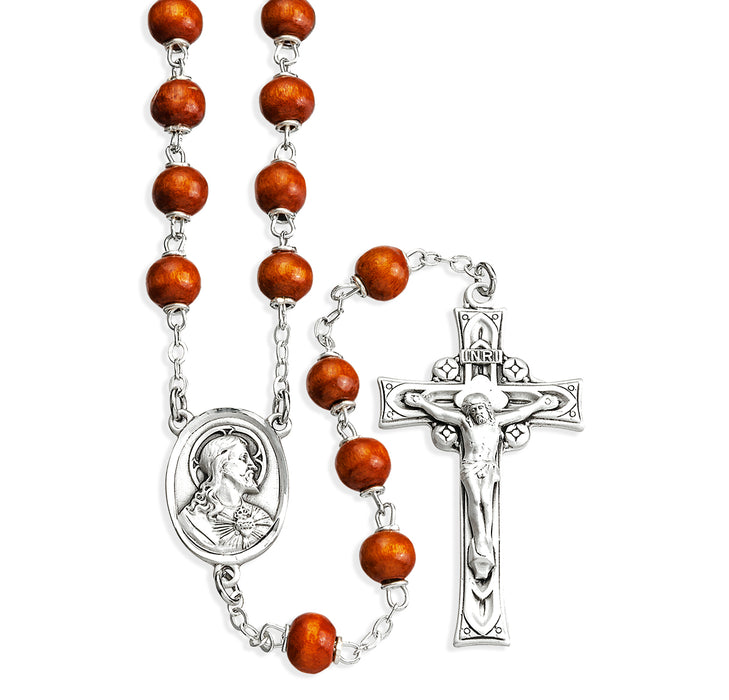 Brown Round Boxwood Rosary Sterling Crucifix and Centerpiece - SR1960BN