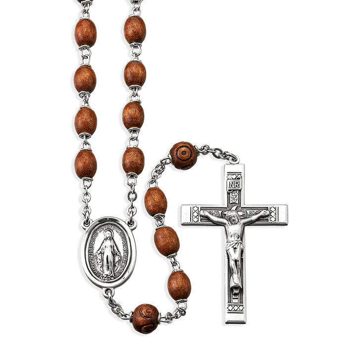 Brown Oval Boxwood Rosary Sterling Crucifix and Centerpiece - SR1970BN