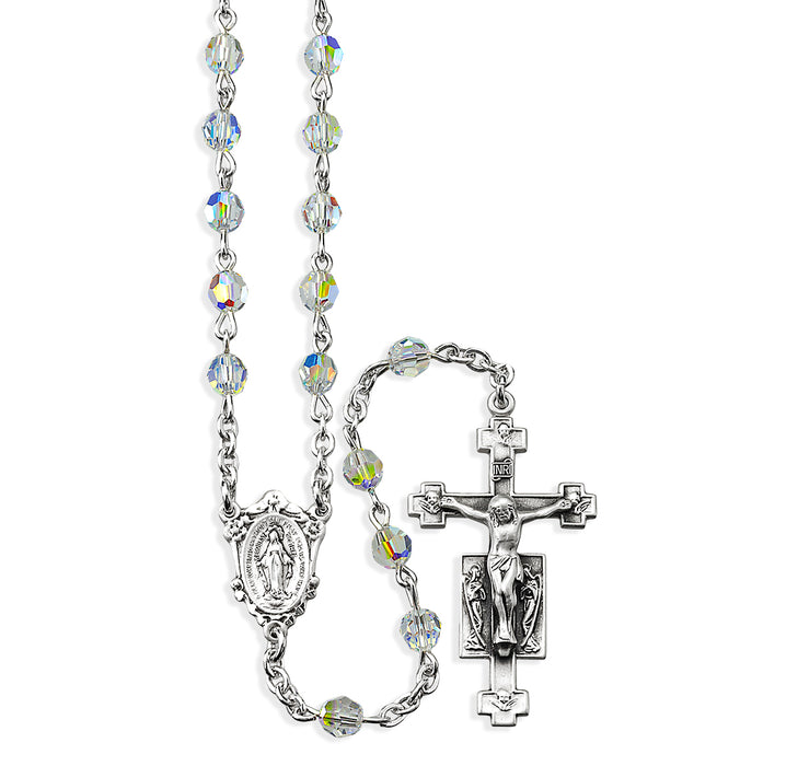 Rosary Sterling Crucifix and Centerpiece Created with finest Austrian Crystal 5mm Faceted Round Aurora Borealis Beads by HMH - SR550CR