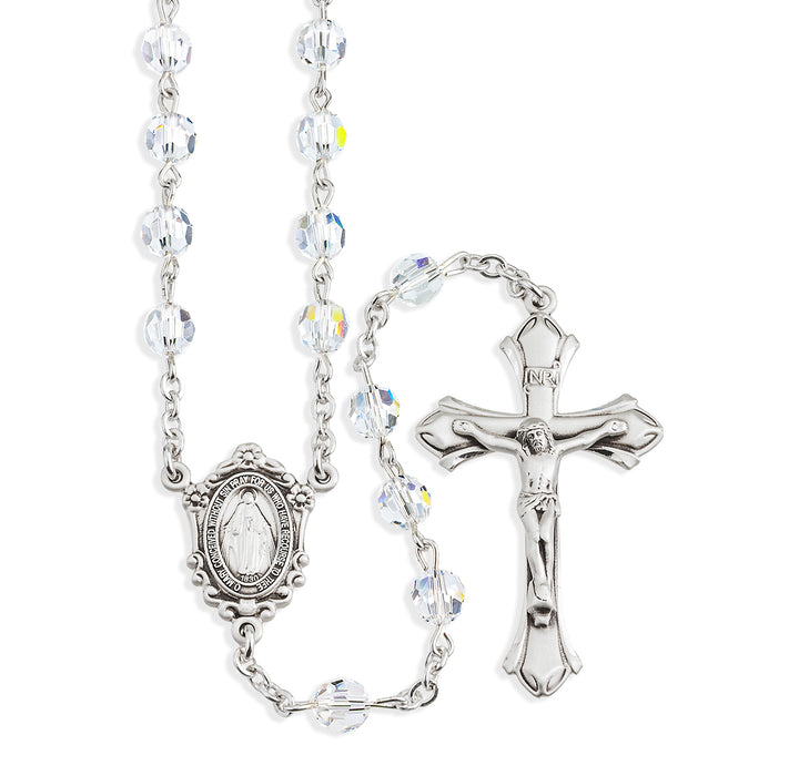 Rosary Sterling Crucifix and Centerpiece Created with finest Austrian Crystal 6mm Faceted Round Clear Beads by HMH - SR560CRP