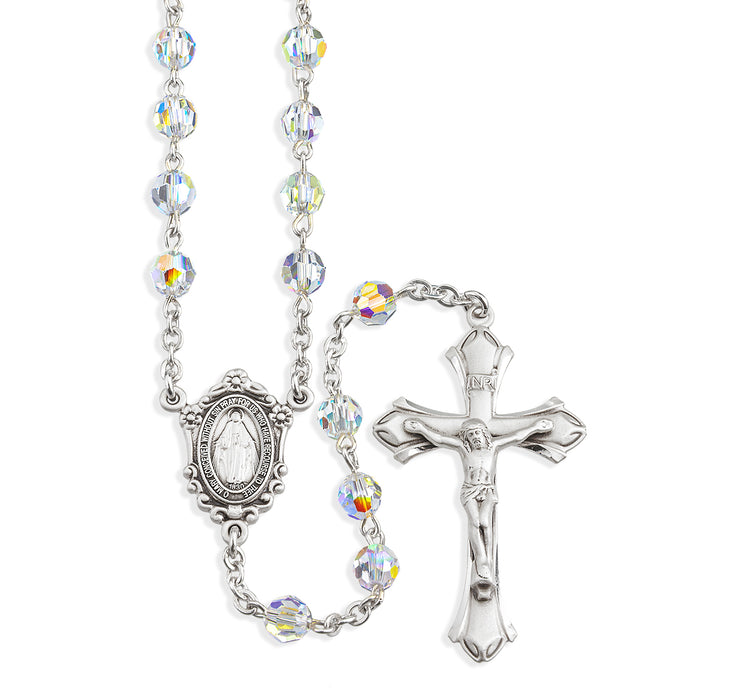 Rosary Sterling Crucifix and Centerpiece Created with finest Austrian Crystal 6mm Faceted Round Aurora Borealis Beads by HMH - SR560CR