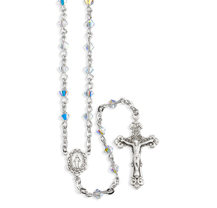 Rosary Sterling Crucifix and Centerpiece Created with finest Austrian Crystal 4mm Faceted Tin Cut Bicone Aurora Borealis Beads by HMH - SR6504CR