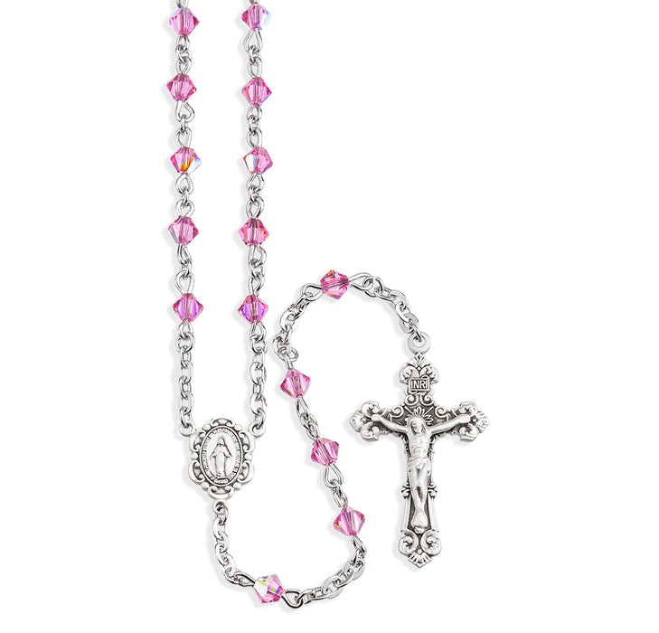 Rosary Sterling Crucifix and Centerpiece Created with finest Austrian Crystal 4mm Faceted Tin Cut Bicone Beads in Pink by HMH - SR6504PK