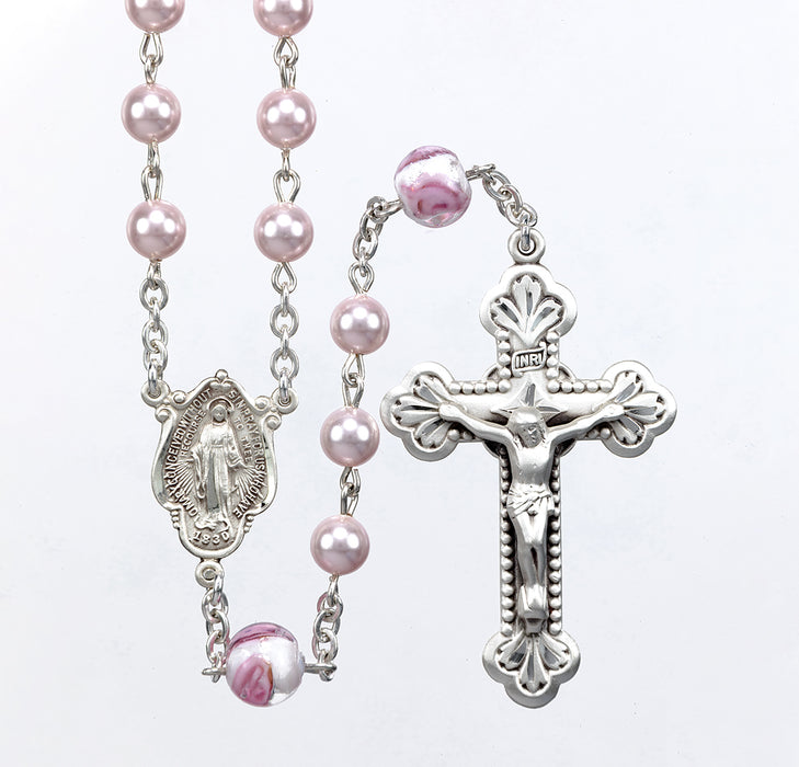 Rosary Sterling Crucifix and Centerpiece Created with finest Austrian Crystal 4mm Round Pearl Beads in Pink by HMH - SR690PK