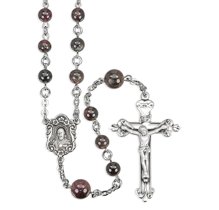 Round Garnet Bead Rosary Sterling Crucifix and Centerpiece - SR760GT