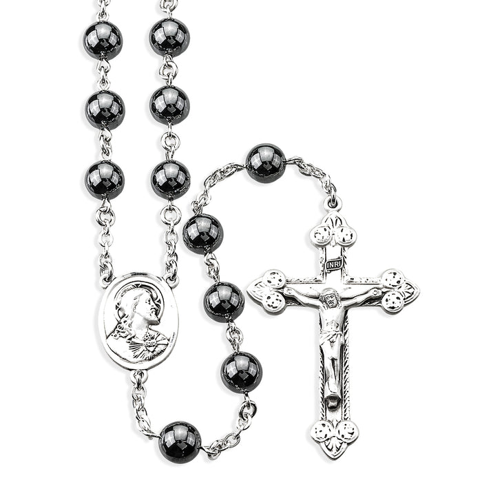 Round Genuine Hematite Rosary Sterling Crucifix and Centerpiece - SR780HT