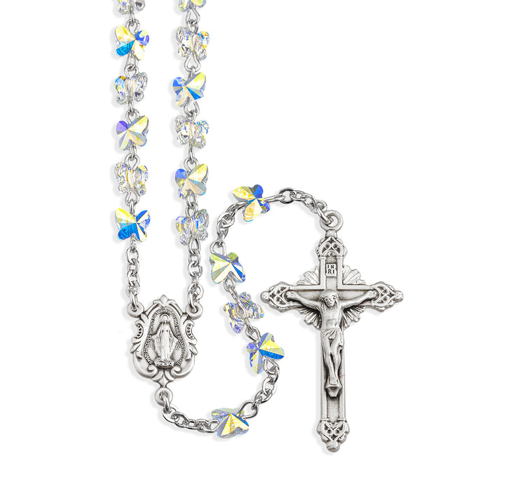 Rosary Sterling Crucifix and Centerpiece Created with finest Austrian Crystal 6mm Butterfly Beads in Aurora Borealis by HMH - SR8301CR