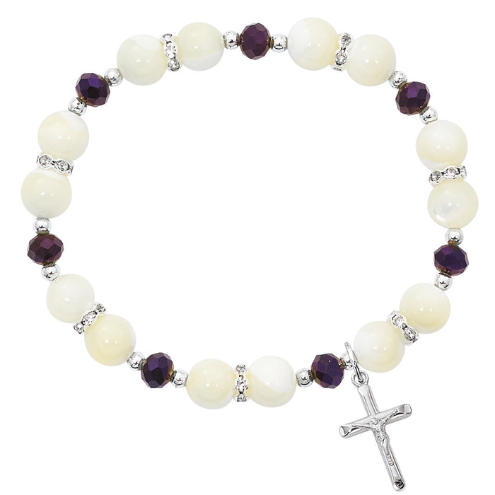 MOTHER OF PEARL & PURPLE CRUCIFIX STRETCH BRACELET